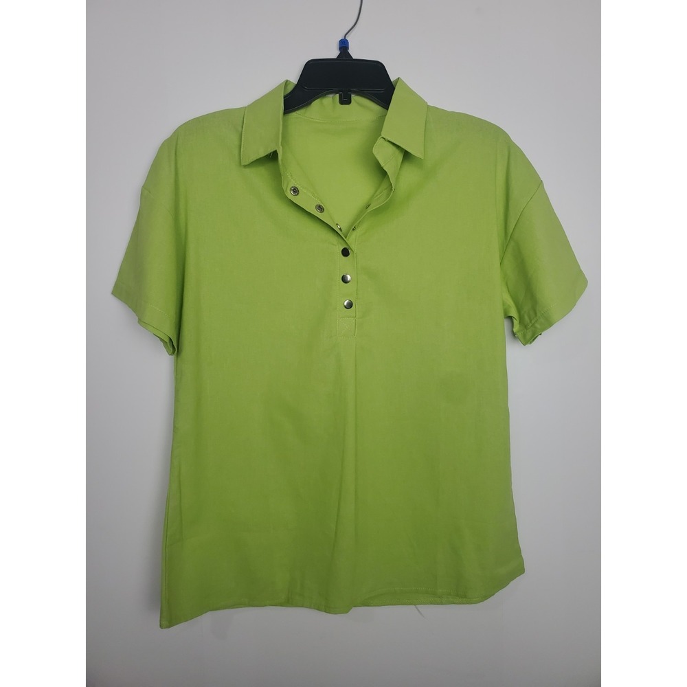Women's short-sleeve polo-style blouse, 100% linen, size S/M, apple green,